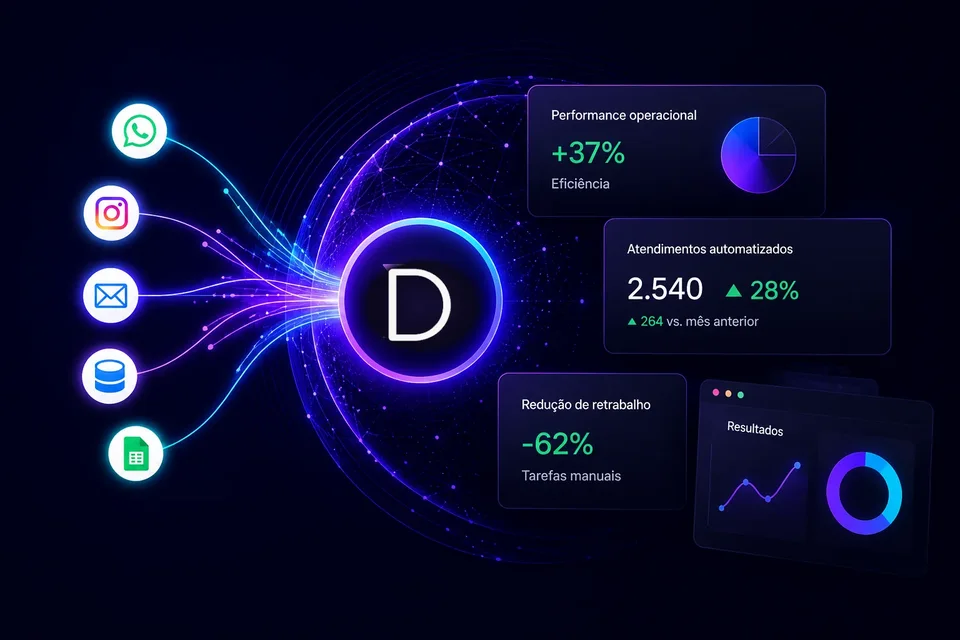 Canais digitais conectados ao núcleo DevTrack com indicadores operacionais